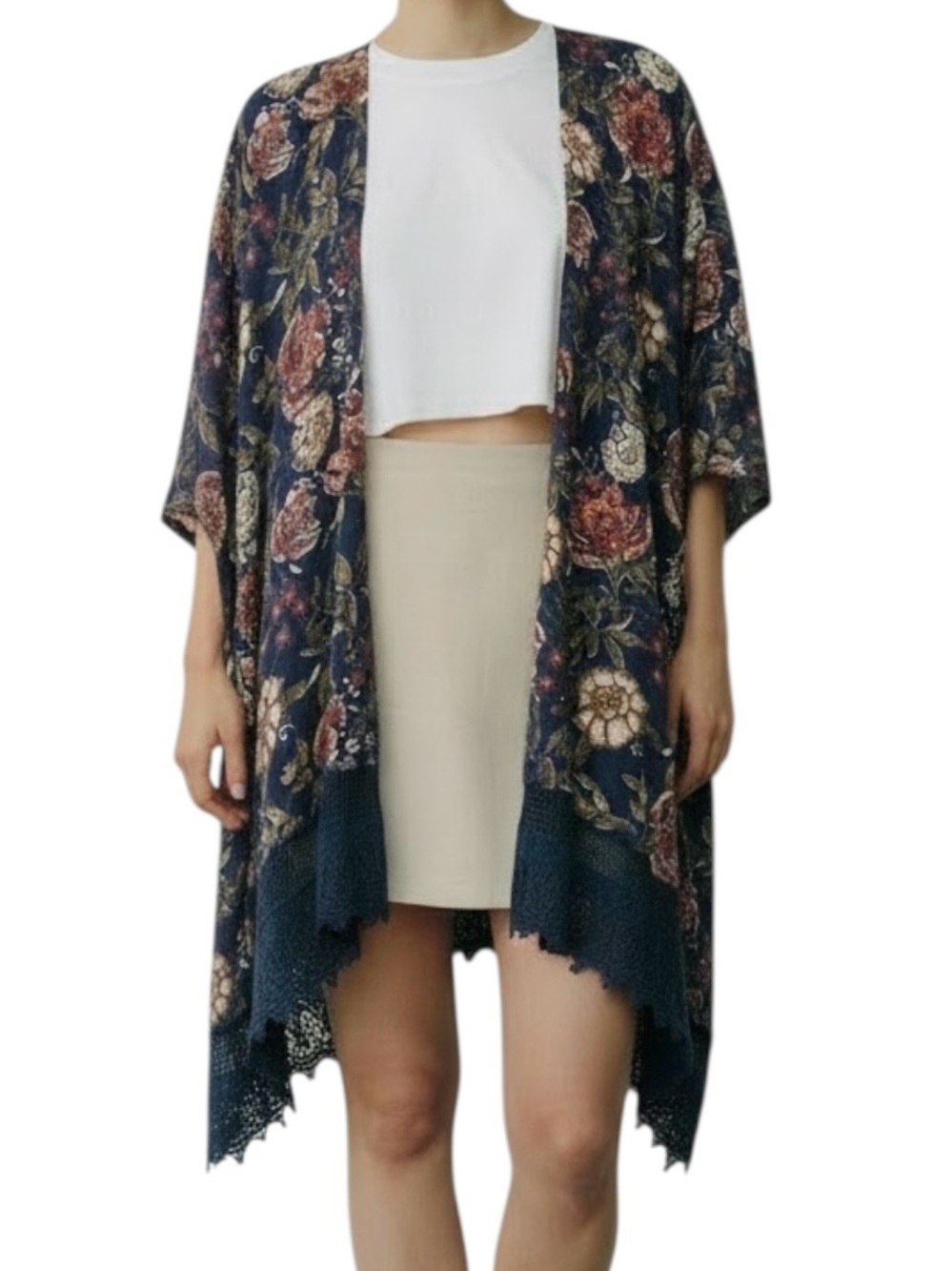 Angie Navy Floral Kimono Jacket Crochet Hem Lagenlook Embroidered Hem Large